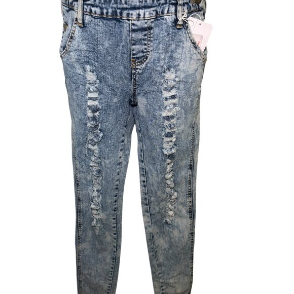 Lolo Distressed Acid Wash Denim Overalls XS NWT Stretch 90s Vintage Style - Picture 3 of 7